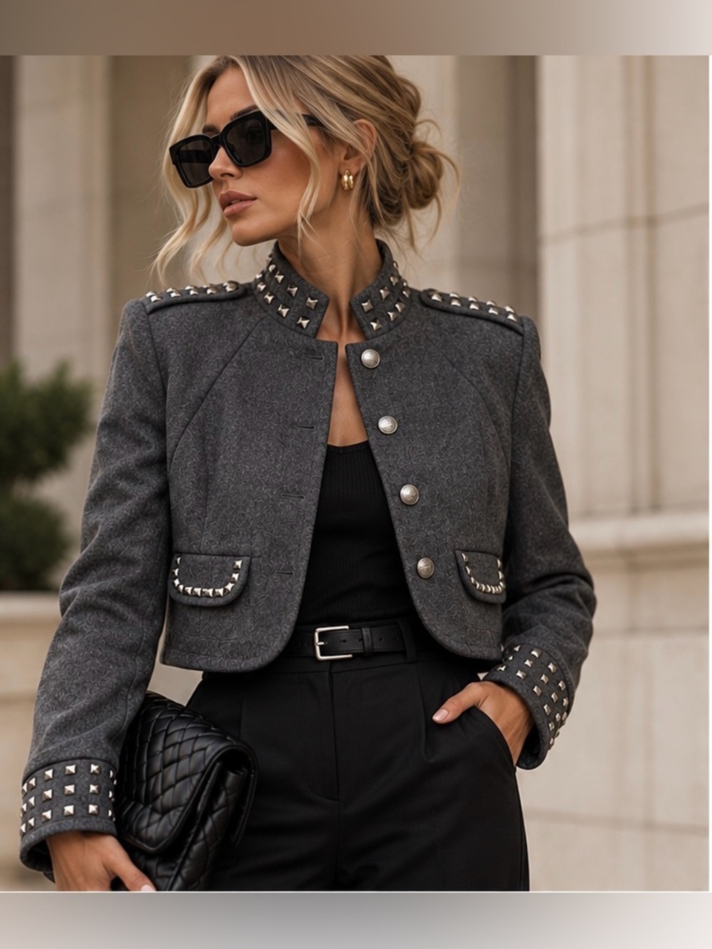 Moon Collection Charcoal Grey Studded Cropped Jacket